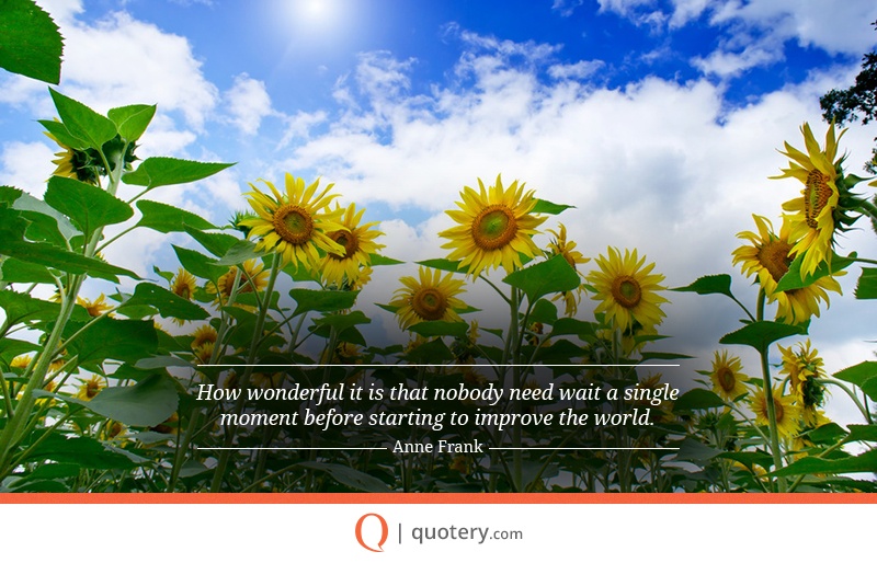 “How wonderful it is that nobody need wait a single moment before beginning to improve the world.” — Anne Frank