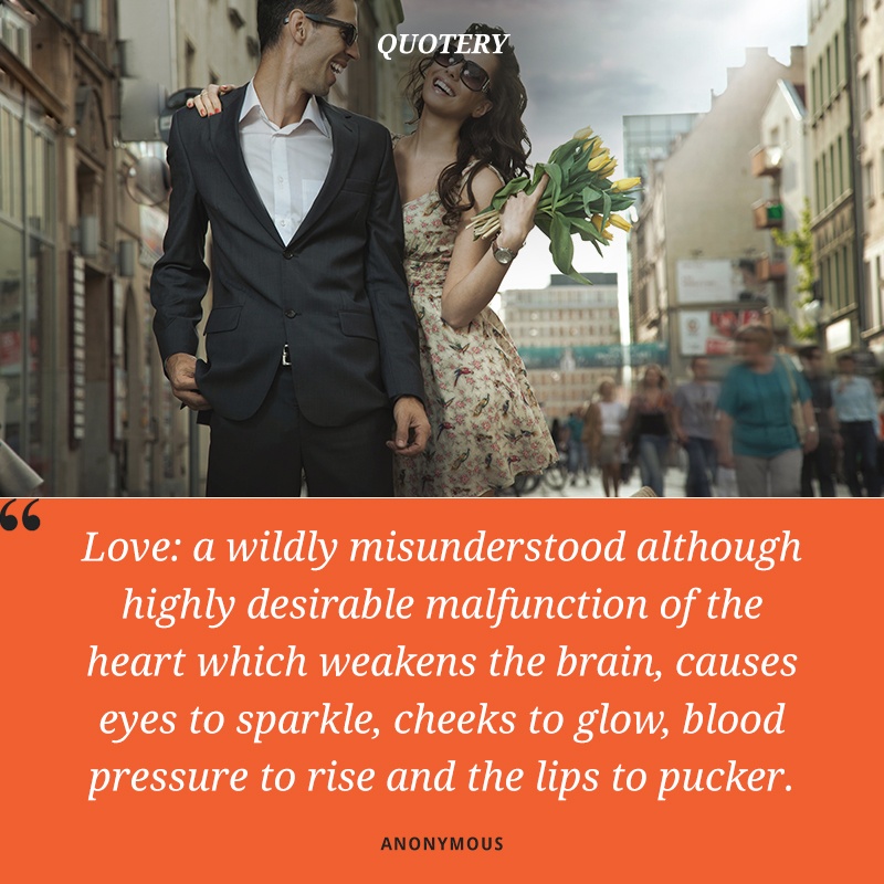 “Love: a wildly misunderstood although highly desirable malfunction of the heart which weakens the brain, causes eyes to sparkle, cheeks to glow, blood pressure to rise and the lips to pucker.” — Anonymous